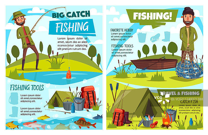 渔民用船竿和渔网捕鱼图片素材