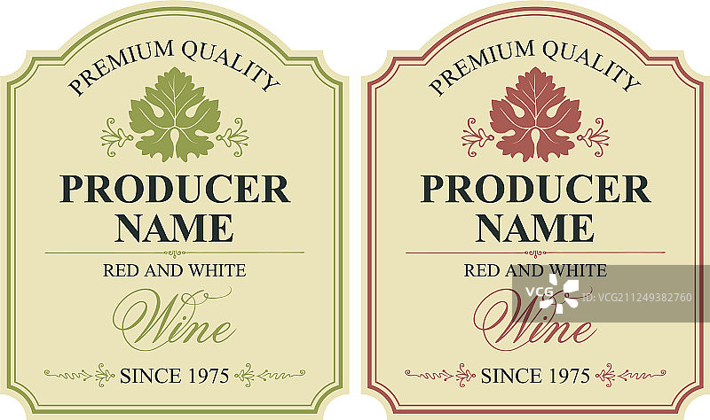 两组带葡萄叶的葡萄酒标签图片素材