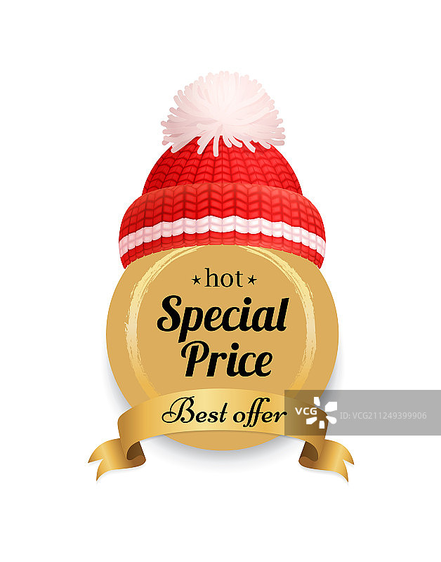 红色针织帽上的热门特惠标签图片素材