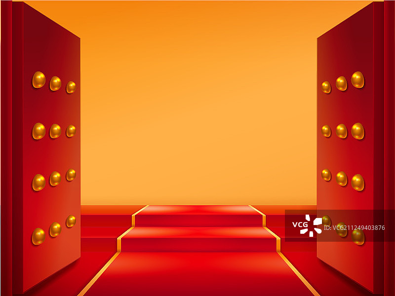 楼梯上铺着金色和红色地毯的开启大门图片素材