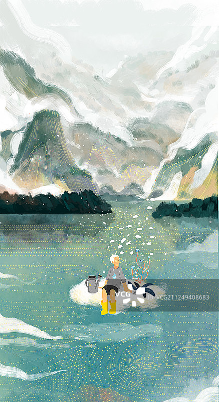 雨雾缭绕的群山里少年栽种着升华中的水花图片素材