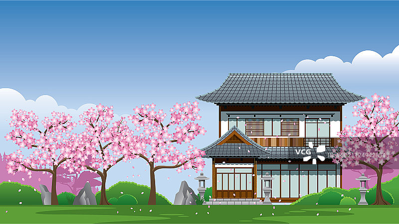 日本樱花季的传统房屋图片素材