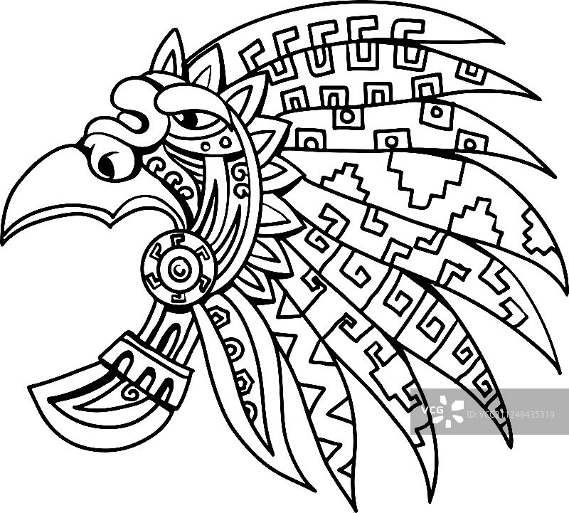 阿兹特克羽毛头饰黑白绘画图片素材