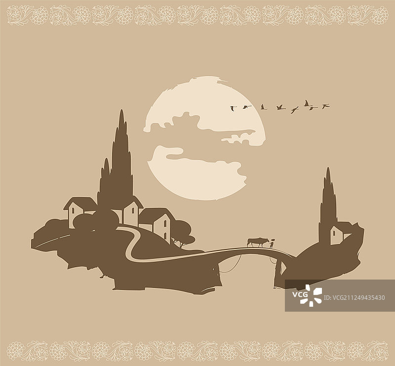 日落时分的村庄桥梁景观图片素材