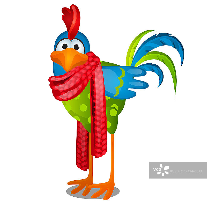 戴着红色针织围巾的有趣卡通公鸡图片素材