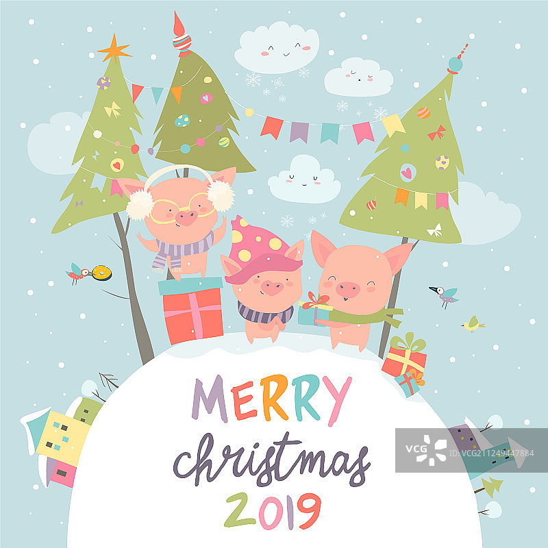 带有圣诞礼物的有趣卡通小猪图片素材