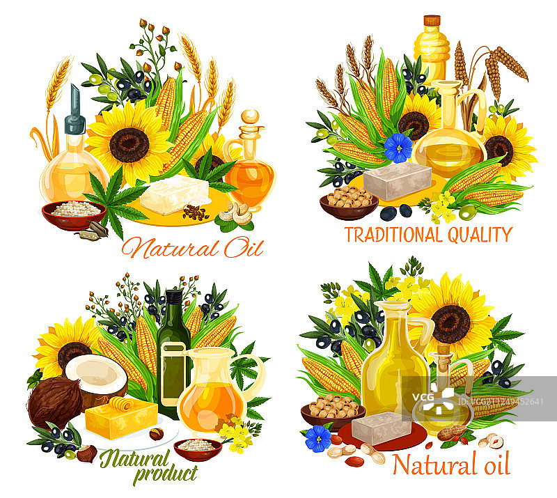 装着玉米、葵花籽和橄榄油的瓶子图片素材