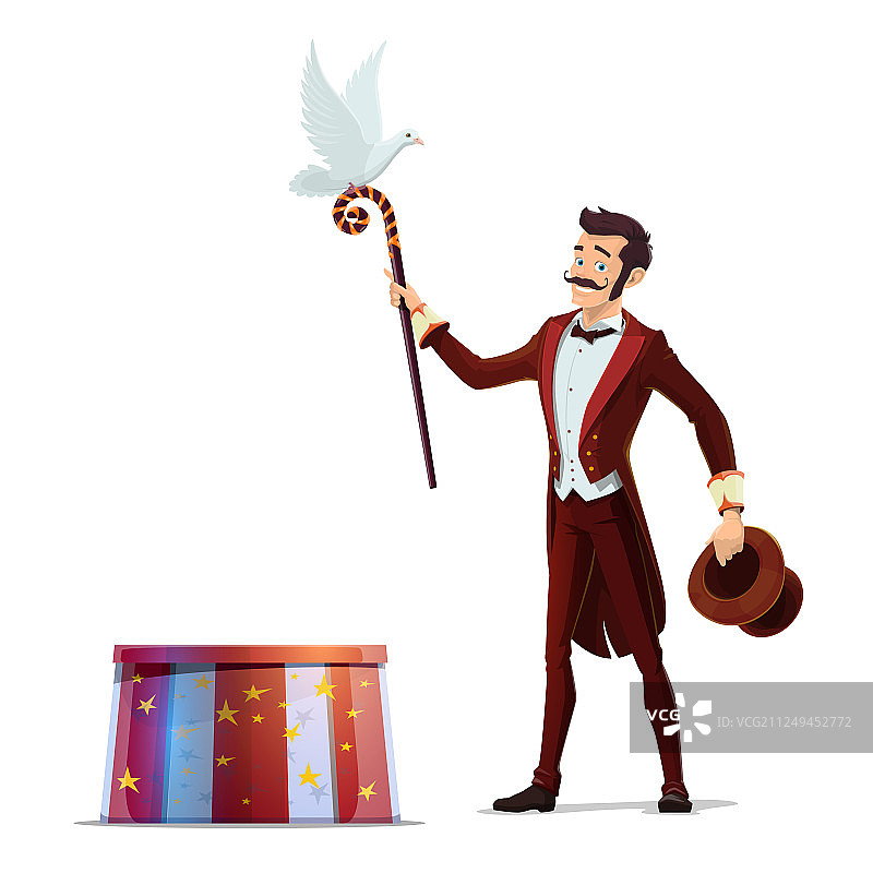 魔术师或戴帽子的魔术棒鸽子图片素材