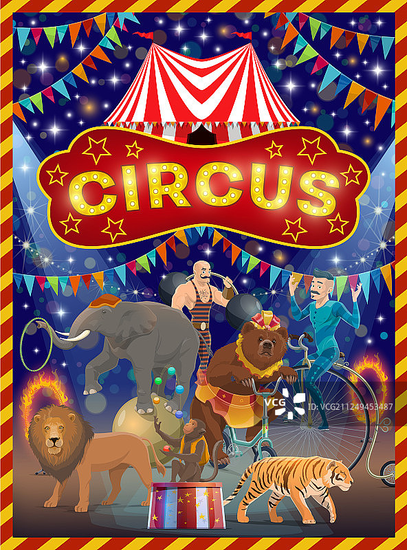 马戏团竞技场上的动物杂技演员和大力士图片素材