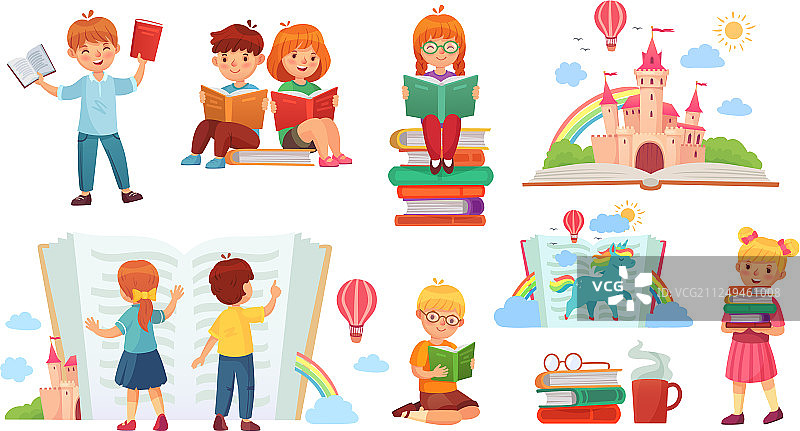 孩子们在图书馆里快乐地阅读书籍图片素材