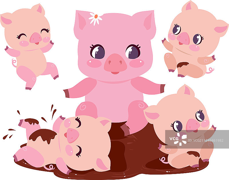 可爱的小猪一家在泥坑里沐浴图片素材