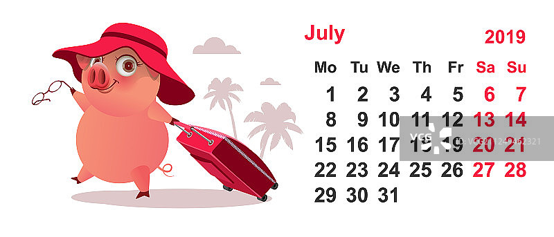 2019年7月日历与猪度假主题图片素材