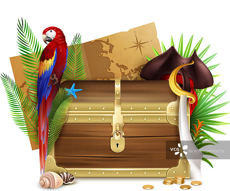 逼真的旧木制海盗箱图片素材