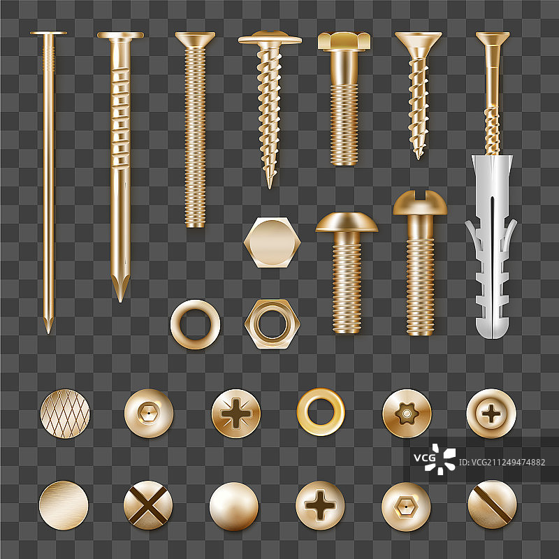 逼真金色紧固件透明套装图片素材