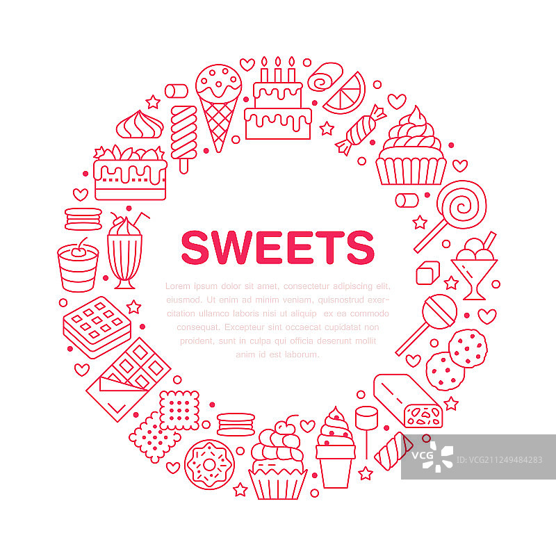 带有扁平线条图标的甜食圆形海报图片素材