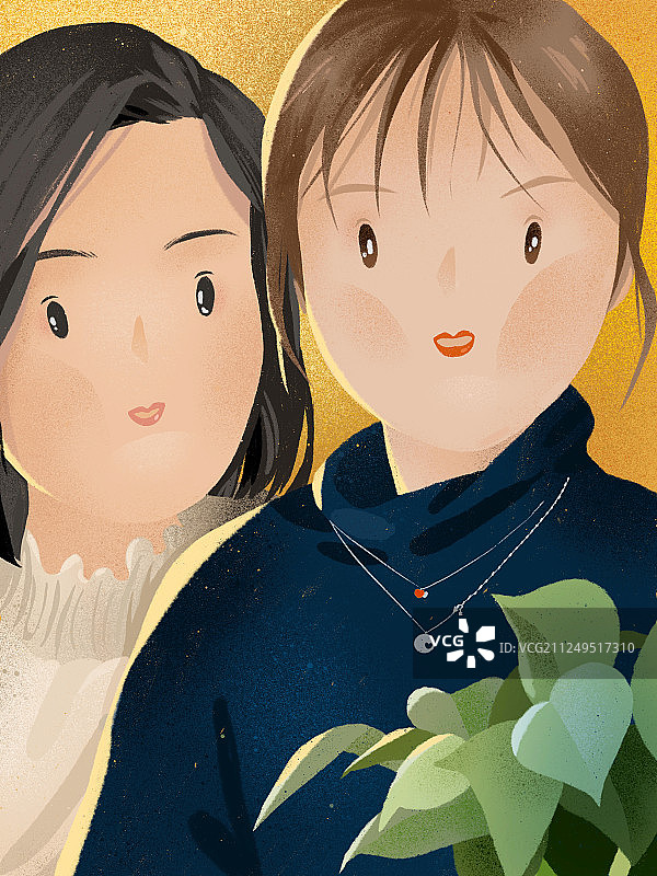 好朋友好姐妹自拍合影插画图片素材