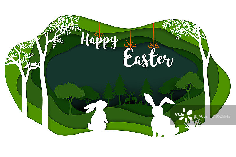 绿色背景上的白色兔子复活节图片素材