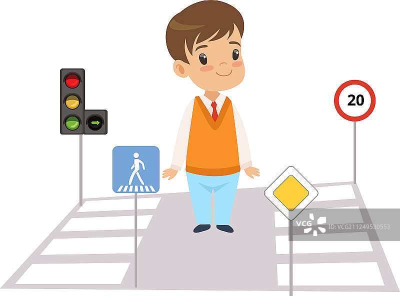 可爱的男孩和道路标志儿童学习规则图片素材