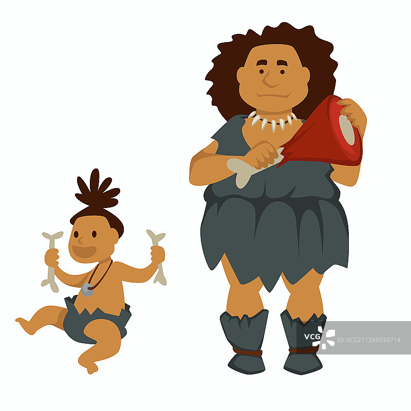 拿着肉和骨头的原始女性与婴儿图片素材