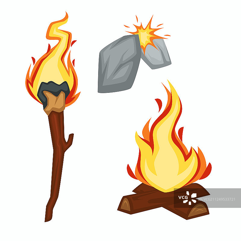 火石时代的火花火焰火炬和篝火图片素材