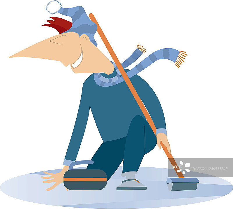 微笑的年轻男子玩冰壶，已隔离图片素材