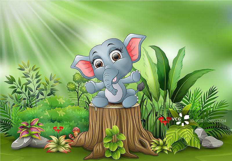 卡通小象坐在树桩上图片素材