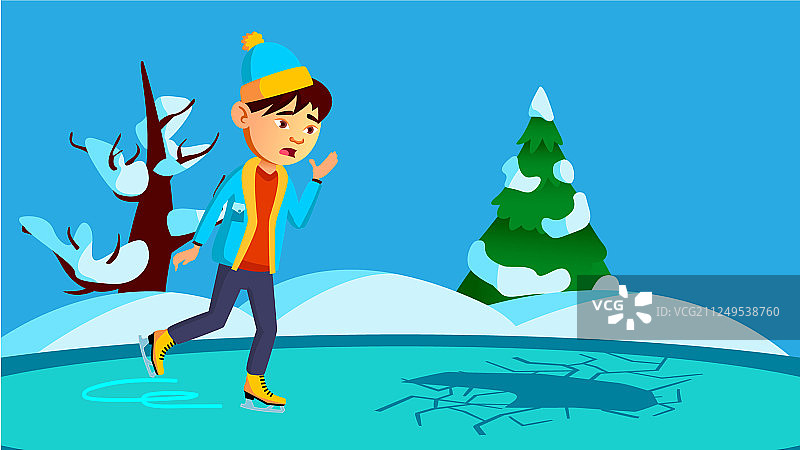 在破冰上滑冰的害怕小男孩图片素材