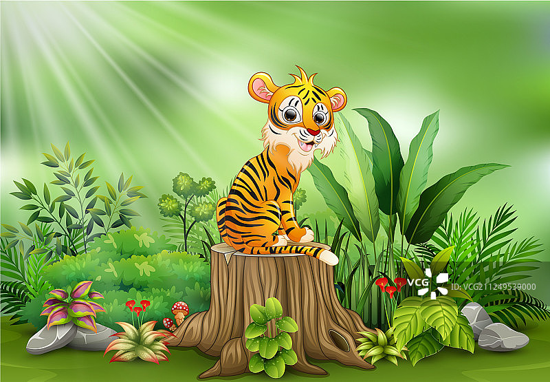 卡通快乐的老虎坐在树桩上图片素材