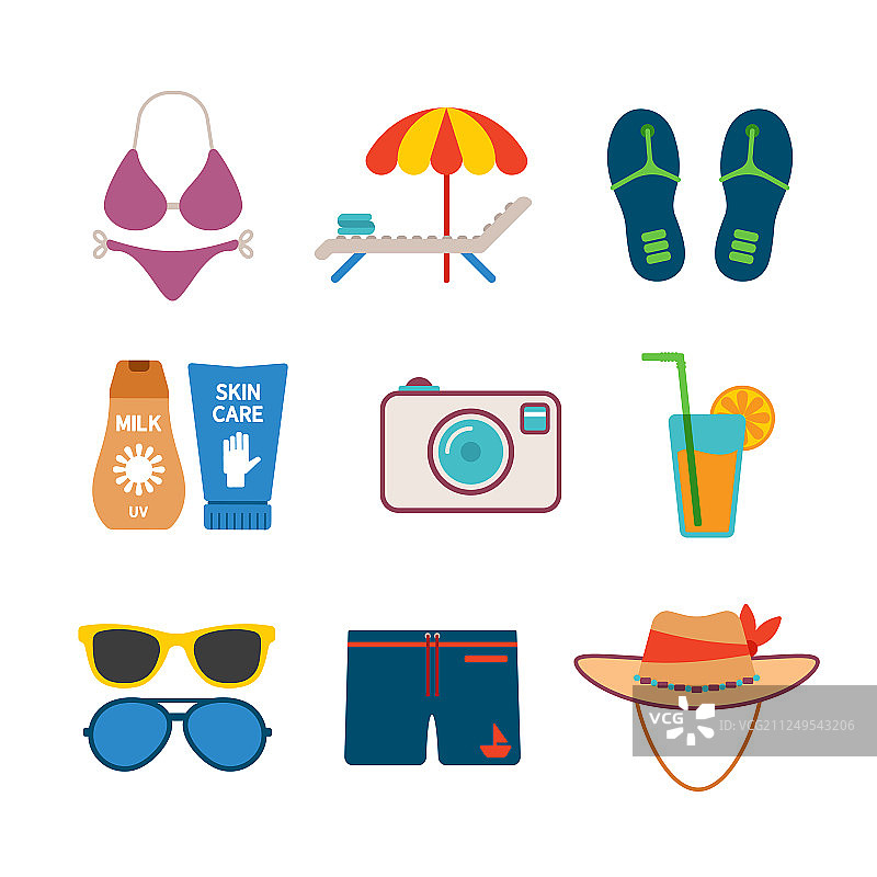 扁平风格的彩色海滩度假图标套装图片素材
