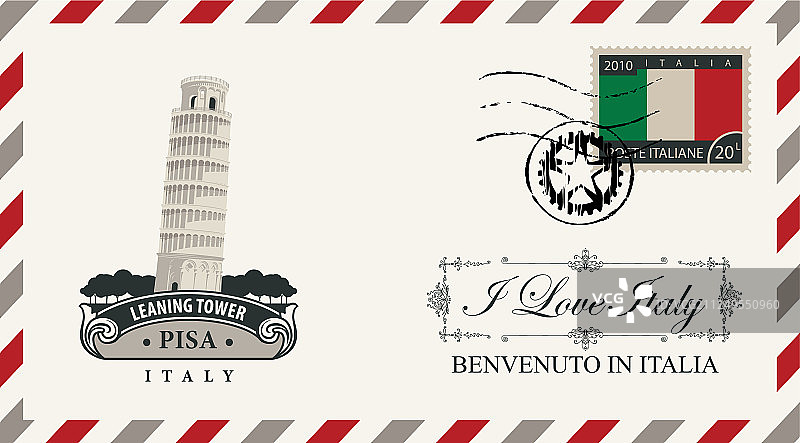 带有比萨斜塔的信封或明信片图片素材