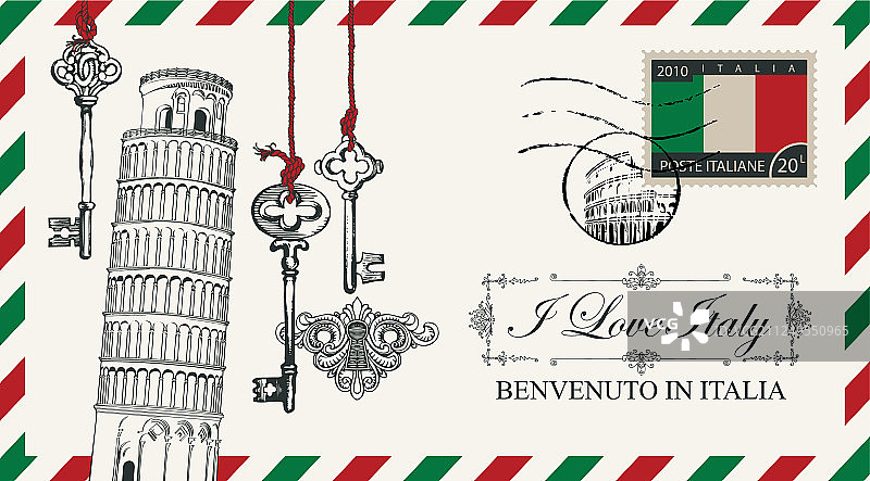 带有比萨斜塔的信封或明信片图片素材