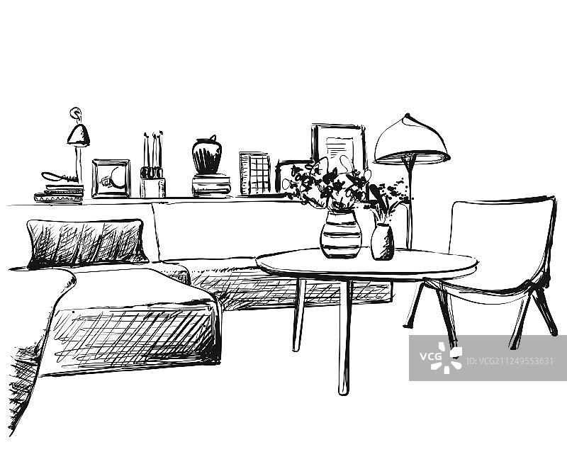 客厅黑白内饰草图图片素材