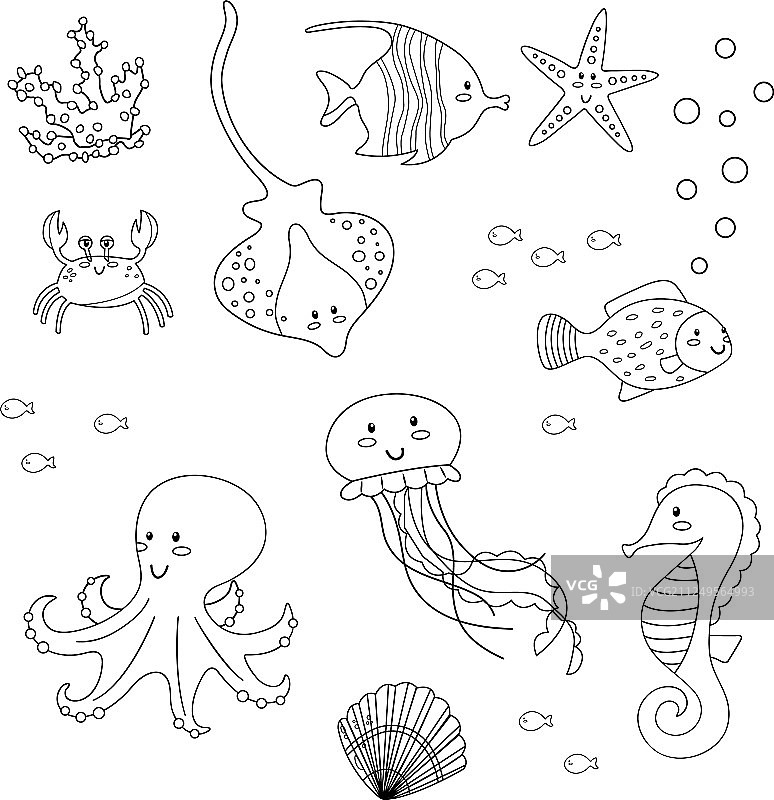 儿童海洋动物集合涂色页图片素材