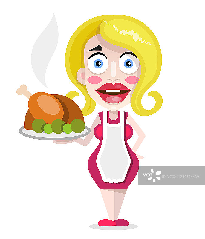 手持炸鸭的漂亮金发家庭主妇图片素材