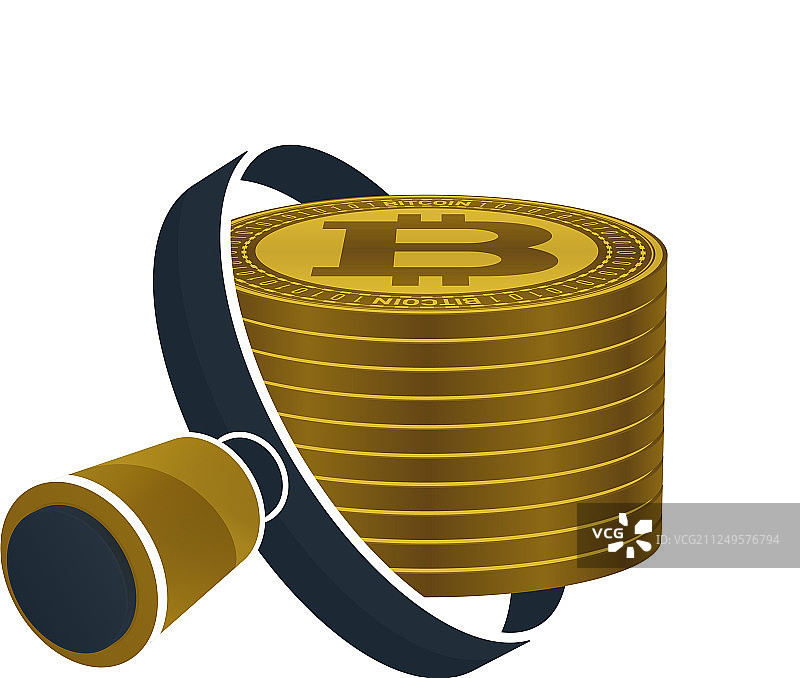 放大镜下的金色比特币堆图片素材