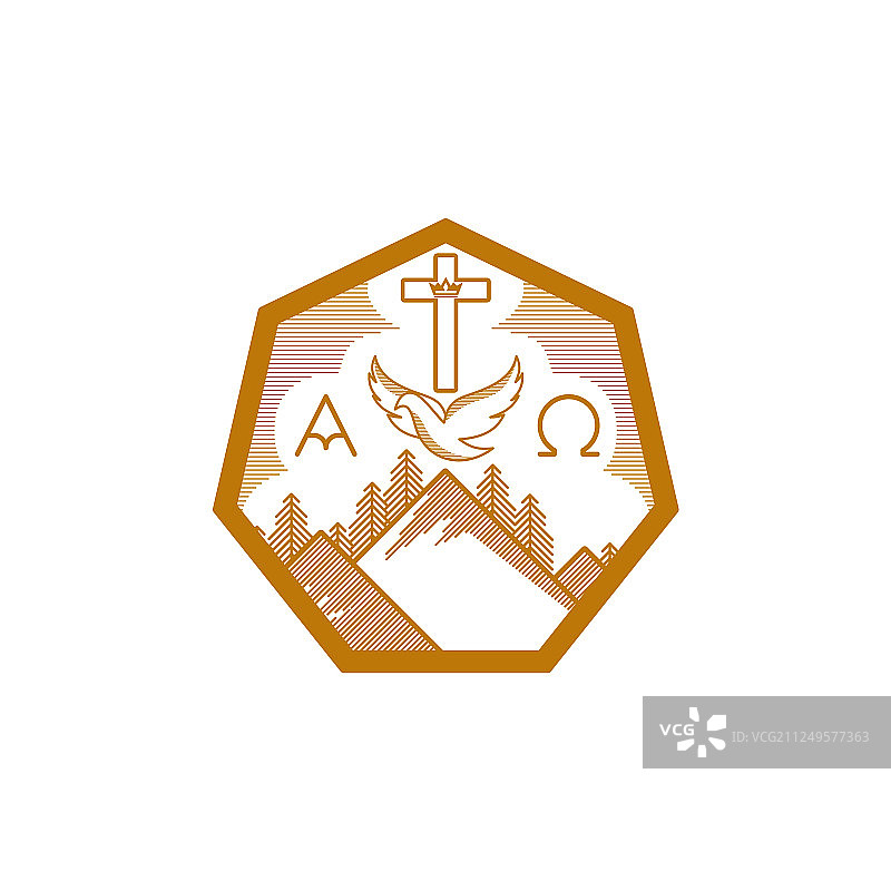 山脉、基督十字架与鸽子图片素材