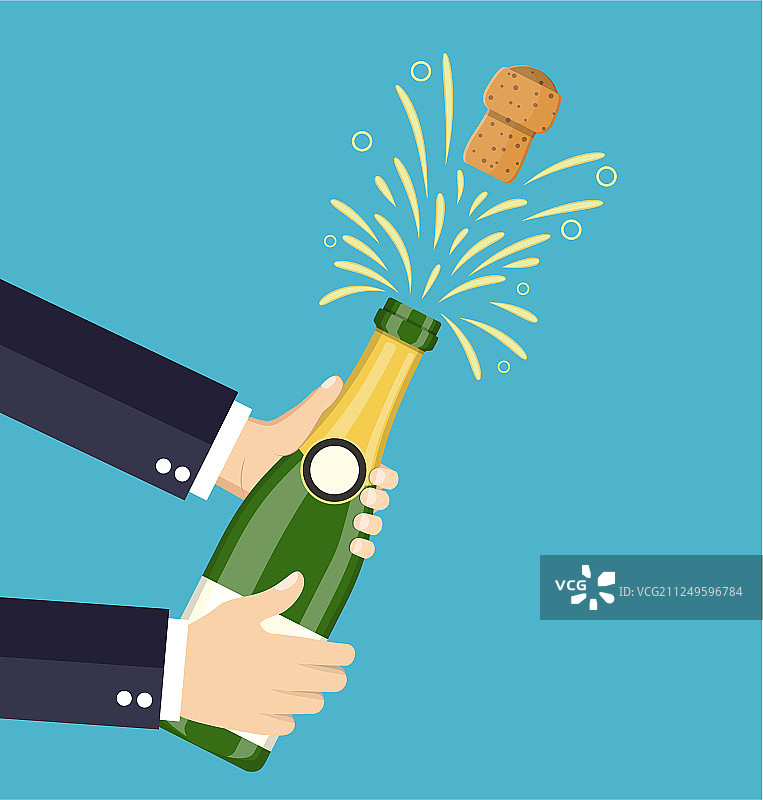 手打开香槟酒瓶，香槟飞溅图片素材