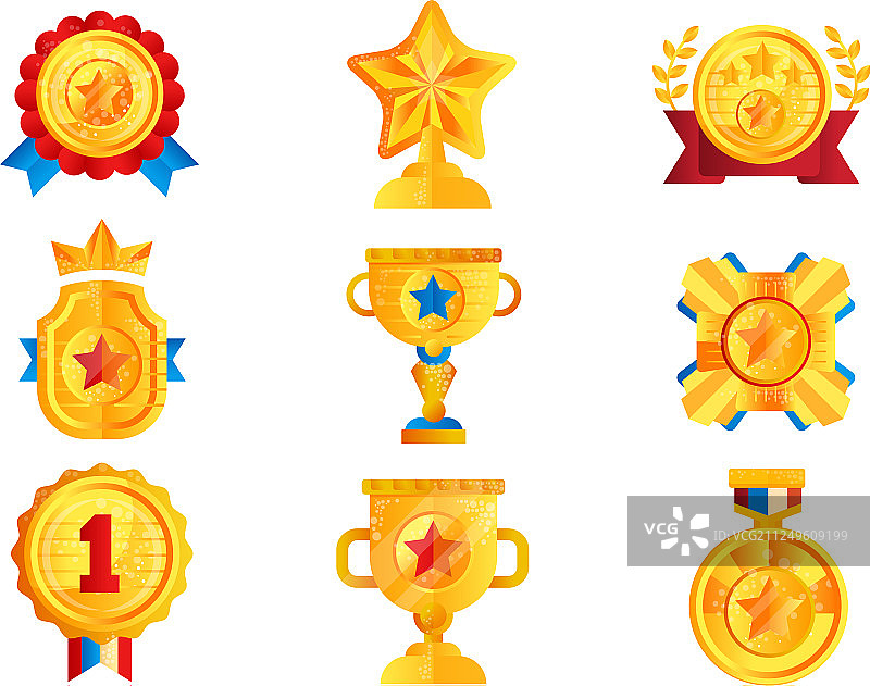 金色奖项套装，含各类奖杯和奖章。图片素材
