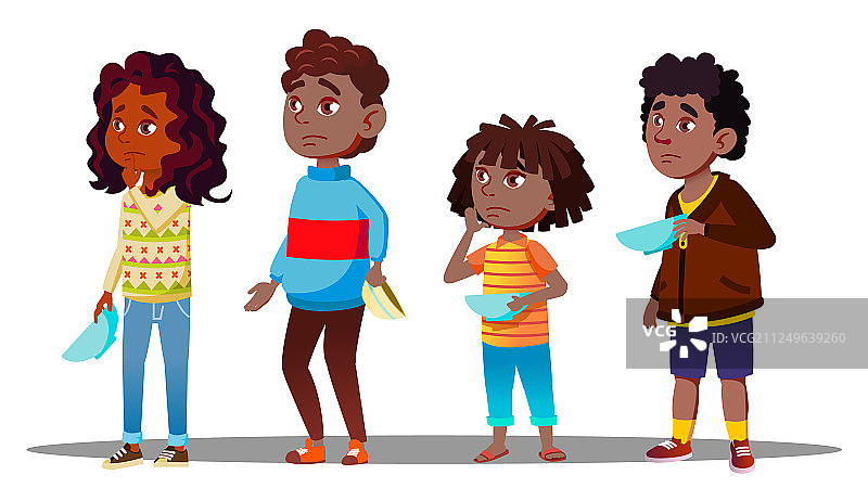 拿着空盘子排队的非洲儿童图片素材