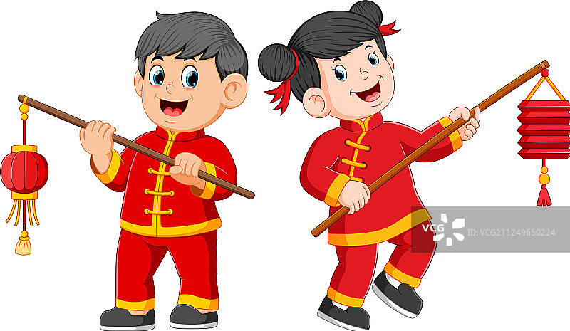 手持中国纸灯笼的快乐儿童图片素材