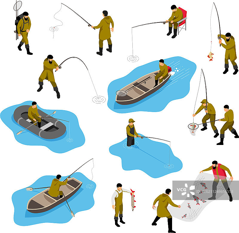 2.5D钓鱼场景等距元素图片素材
