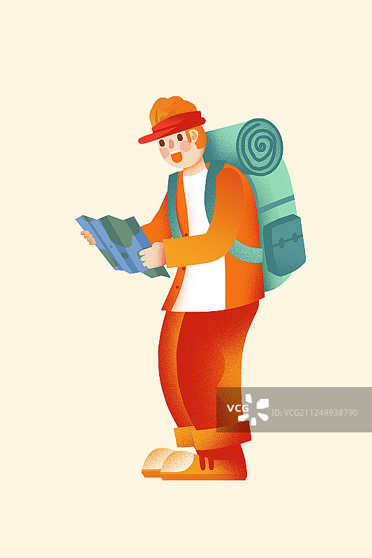 卡通手绘秋季旅行男孩看地图田野山间唯美插画图片素材