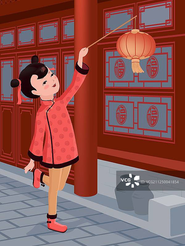 春节四合院女孩手提灯笼矢量图图片素材