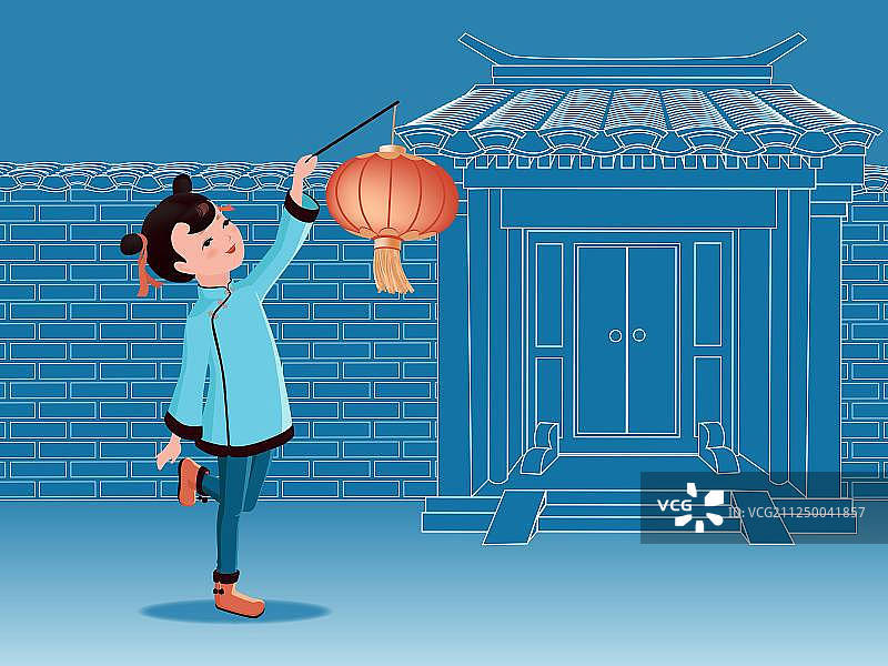 蓝色背景中国传统建筑女孩手提灯笼矢量图图片素材