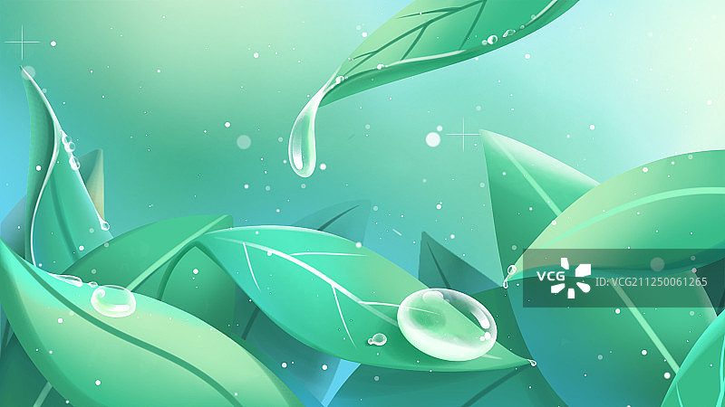 绿叶上附着露水，秋季24节气微观风景插画图片素材