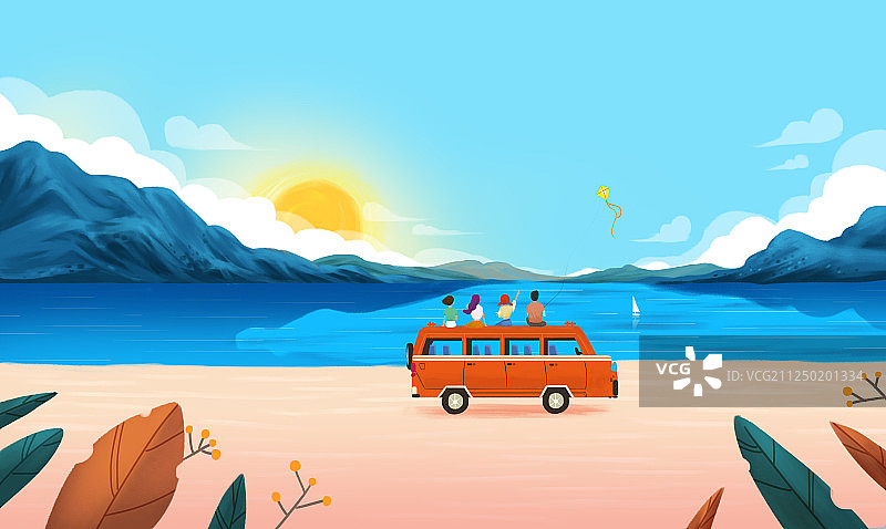 四个人出游插画 多彩的郊外风景和朋友自驾游插画图片素材