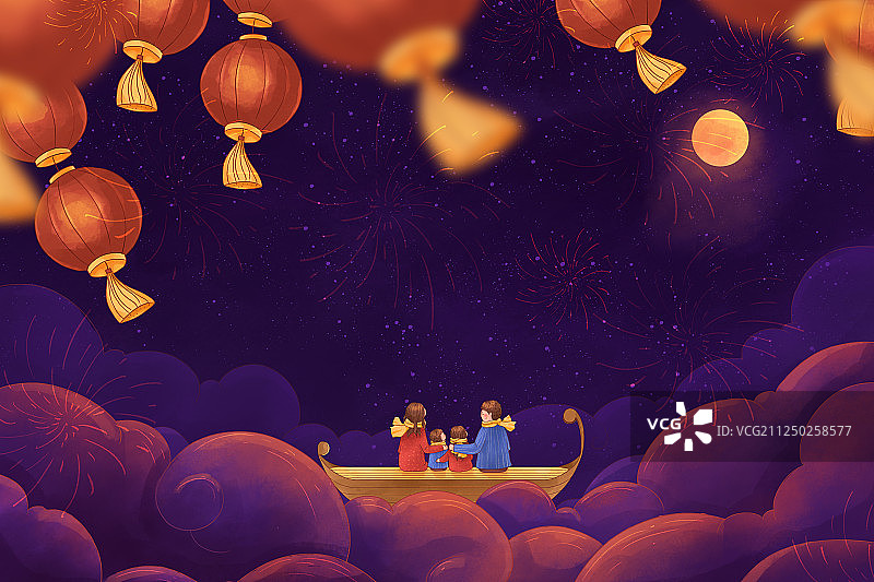 一家团圆新年插画紫色横版2图片素材