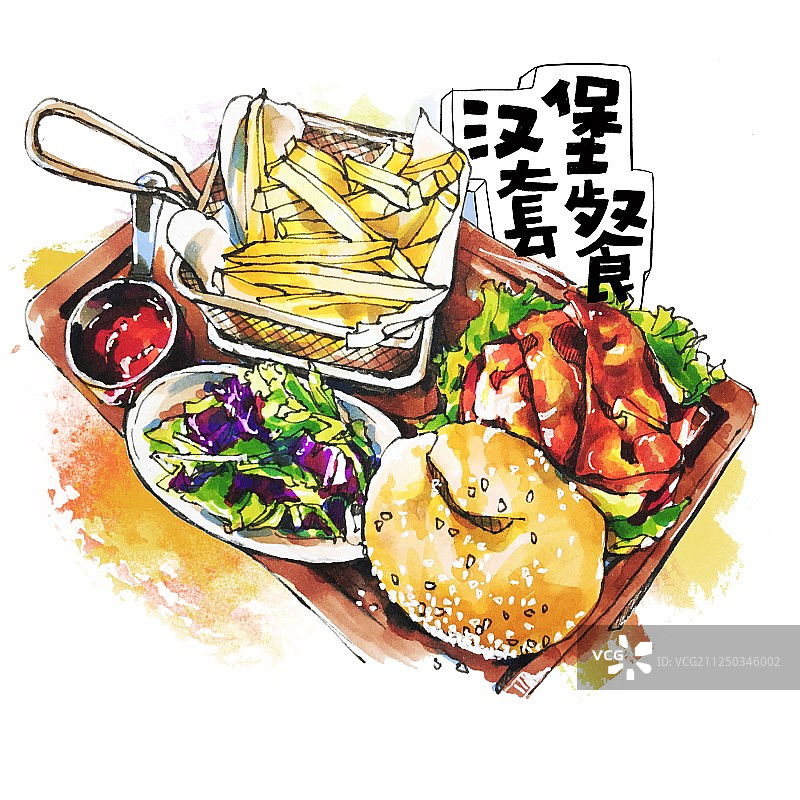 美食手绘插画 汉堡套餐图片素材