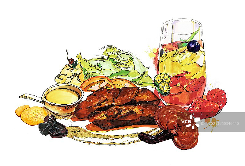 美食手绘插画 饮料牛排套餐图片素材