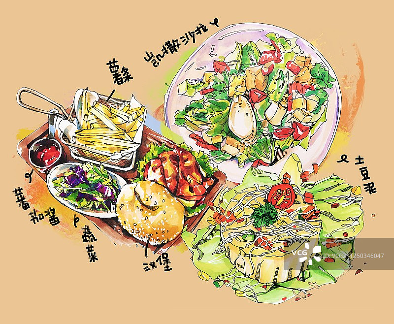 美食手绘插画 套餐海报横幅 餐饮业图片素材